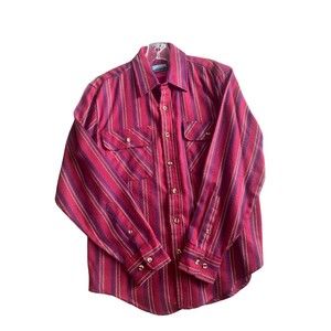 Vintage FieldMaster Cowboy Mens Size Medium Button Up Shirt Red Fuchsia Plaid